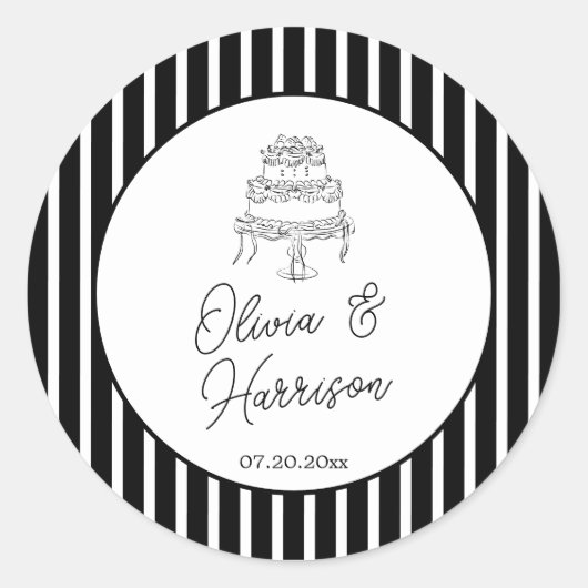 黒と白のストライプの結婚式 ラウンドシール (正面)