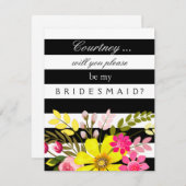 黒と白のストライプの花を飾った花嫁の仲間へのお願いカード 招待状 (正面/裏面)