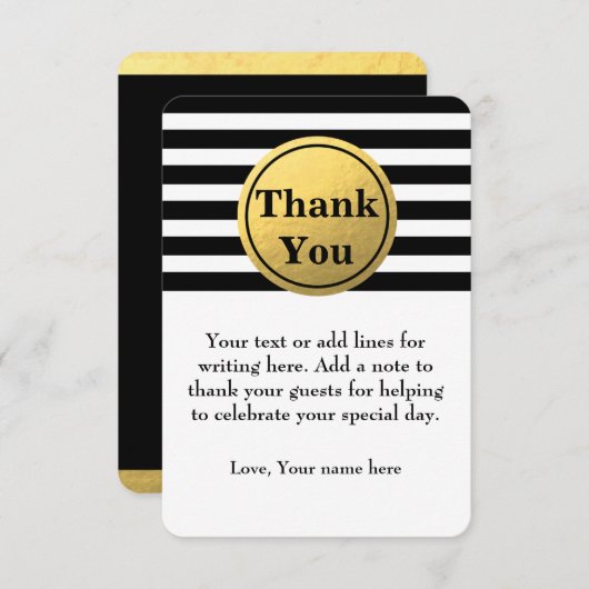 黒と白のストライプの金箔サンクスカード 招待状 (正面/裏面)