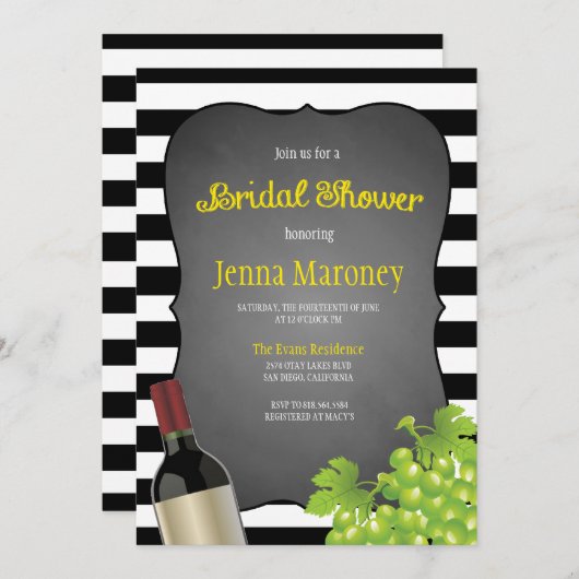 黒と白のストライプワインブドウブライダルシャワー 招待状 (正面/裏面)