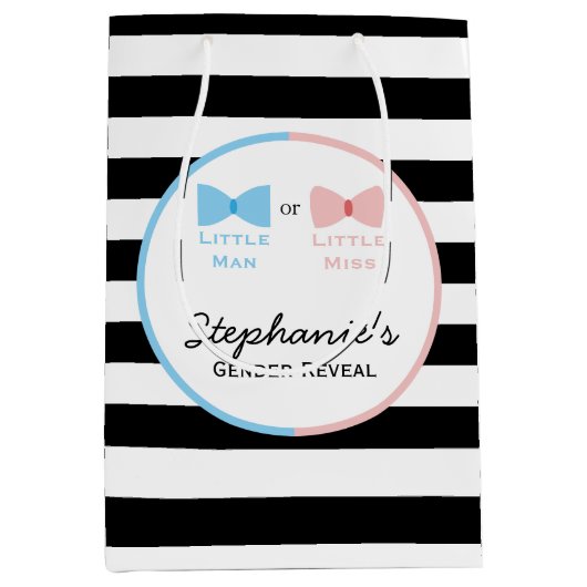 黒と白のストライプ性別が弓と弓のネクタイを明らかにする ミディアムペーパーバッグ (正面)