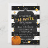 黒と白のストライプ キャンディコーン ハロウィンパーティー 招待状 (正面)
