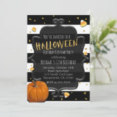 黒と白のストライプ キャンディコーン ハロウィンパーティー 招待状 (スタンド正面)