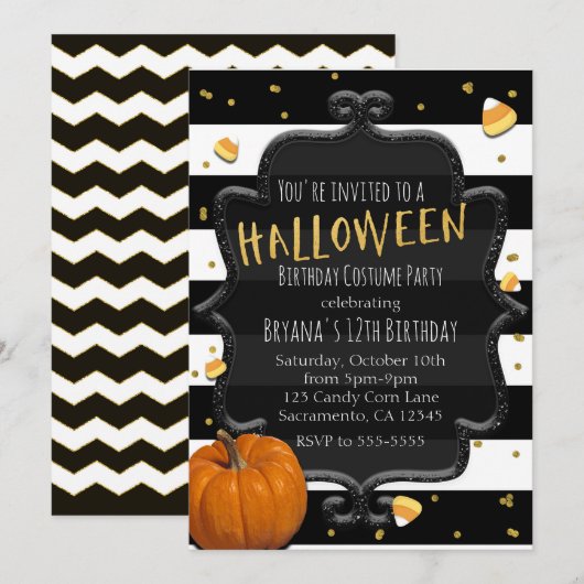 黒と白のストライプ キャンディコーン ハロウィンパーティー 招待状 (正面/裏面)
