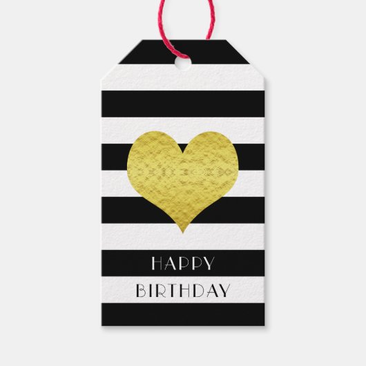 黒と白のストライプ ゴールドのハート お誕生日おめでとう ギフトタグ (正面)