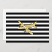 黒と白のストライプ & ゴールドの飛行機 招待状 (正面/裏面)