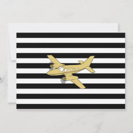 黒と白のストライプ & ゴールドの飛行機 招待状