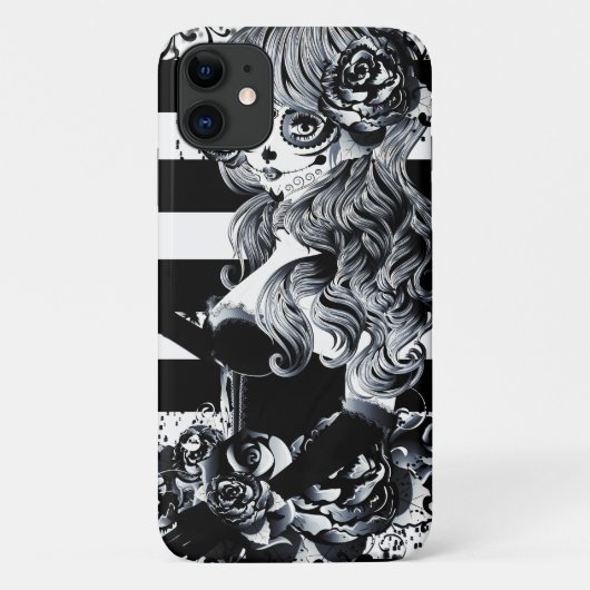 黒と白のストライプ 死者の日 砂糖のドクロ Case-Mate iPhoneケース (裏面)
