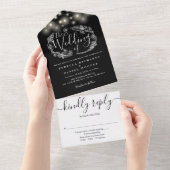 黒と白のストリングライトと葉の結婚式 オールインワン招待状 (貼ってはがせる)