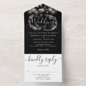 黒と白のストリングライトと葉の結婚式 オールインワン招待状 (内側)