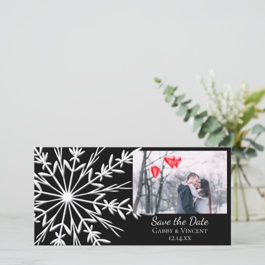 黒と白のスノーフレークの結婚式の日付を保存 セーブザデート (スタンド正面)