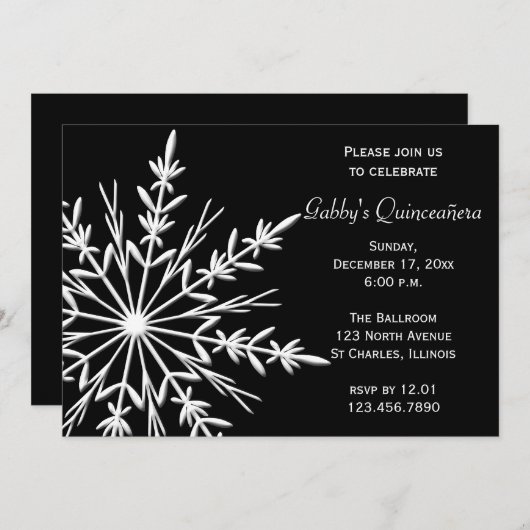 黒と白のスノーフレーク冬キンセアニラ 招待状 (正面/裏面)