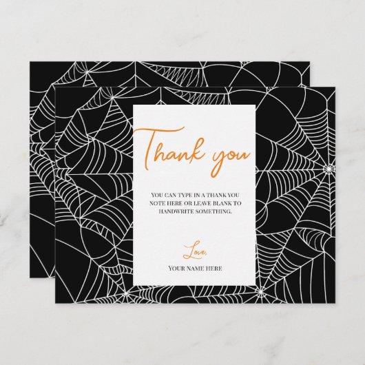 黒と白のスパイダーウェブハロウィーンありがとう 招待状 (正面/裏面)