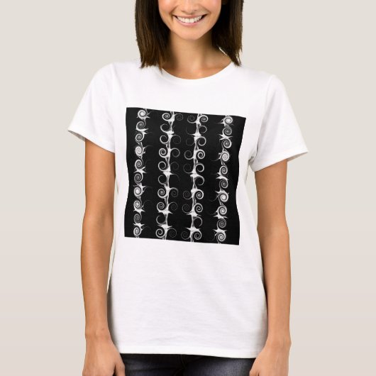 黒と白のスパイラルと渦巻き模様 Tシャツ (正面)
