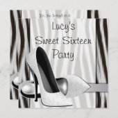 黒と白のゼブラ柄ハイヒールシューズ スイート16パーティー 招待状 (正面/裏面)