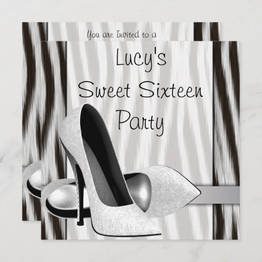 黒と白のゼブラ ハイヒール シューズ スイート 16 パーティー 招待状 (正面/裏面)