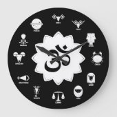 黒と白のゾディアック - オームのシンボル付きヴェーダ式十二星座 ラージ壁時計 (正面)