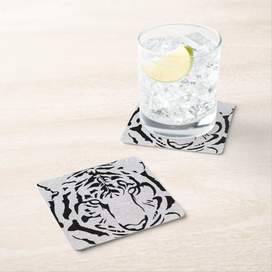 黒と白のタイガーシルエット スクエアペーパーコースター (インサイチュ)