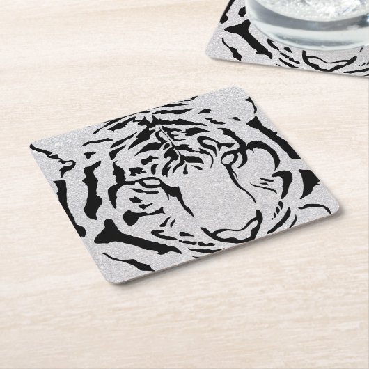 黒と白のタイガーシルエット スクエアペーパーコースター (アングル)