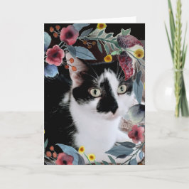 黒と白のタキシード猫の花の写真 カード