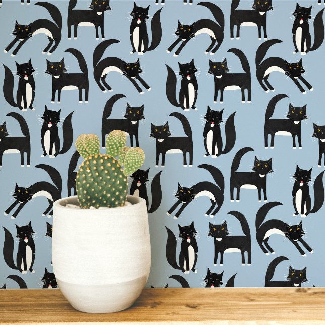 黒と白のタキシード猫 青いアート 壁紙 (Black and white Tuxedo cat blue wallpaper)