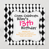 黒と白のダイヤモンドのハーレクイン模様 招待状 (正面/裏面)