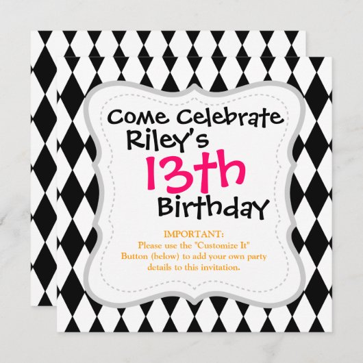 黒と白のダイヤモンドのハーレクイン模様 招待状 (正面/裏面)