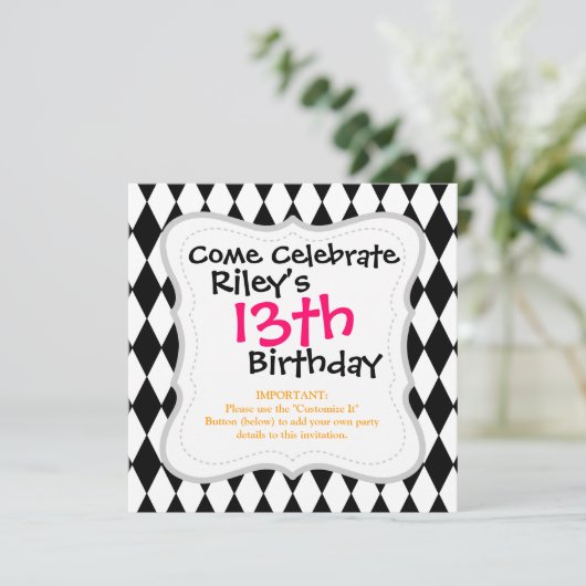 黒と白のダイヤモンドのハーレクイン模様 招待状 (スタンド正面)