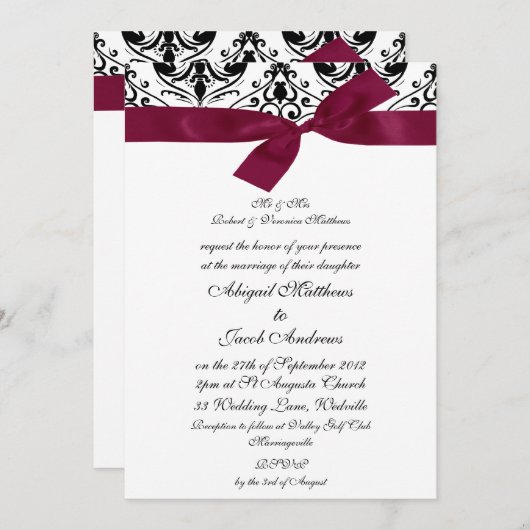 黒と白のダマスクとバーガンディリボン 招待状 (正面/裏面)