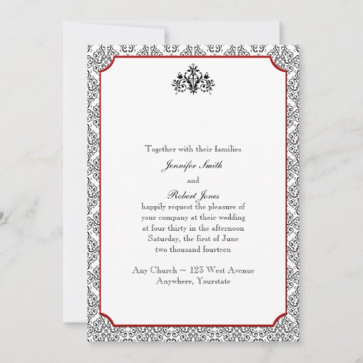 黒と白のダマスクと赤結婚式招待状 招待状 (正面)