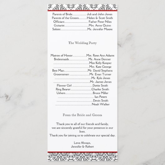 黒と白のダマスクと赤結婚式 プログラム (裏面)