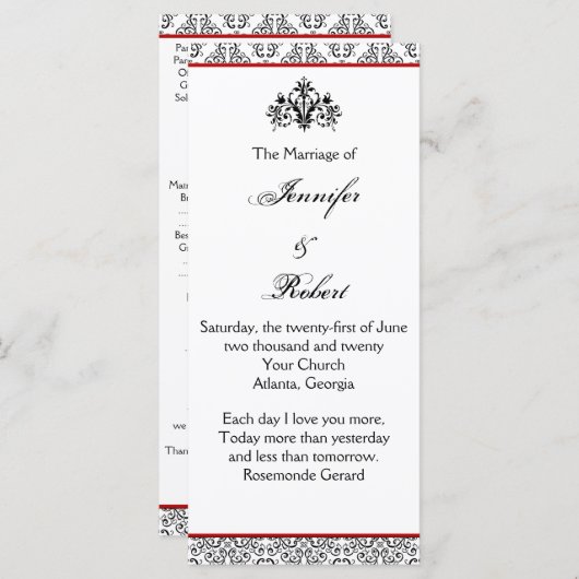 黒と白のダマスクと赤結婚式 プログラム (正面/裏面)