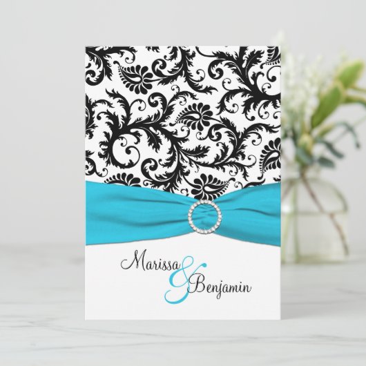 黒と白のダマスクと青いリフェイクボン 招待状 (スタンド正面)