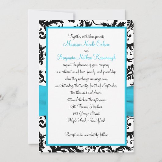 黒と白のダマスクと青いリフェイクボン 招待状 (裏面)