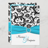 黒と白のダマスクと青いリフェイクボン 招待状 (正面/裏面)