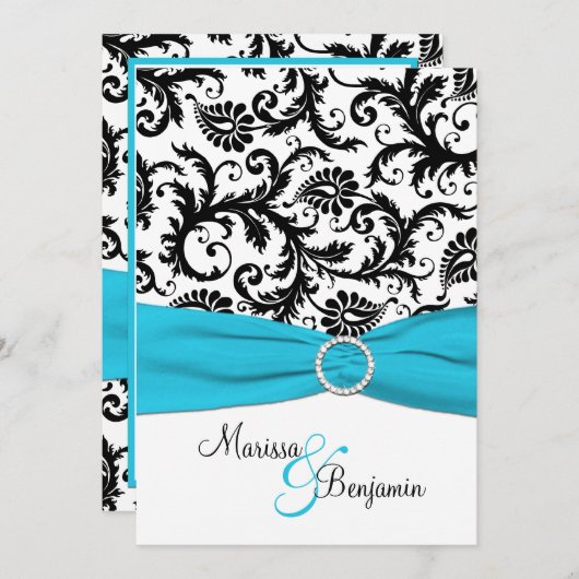 黒と白のダマスクと青いリフェイクボン 招待状 (正面/裏面)