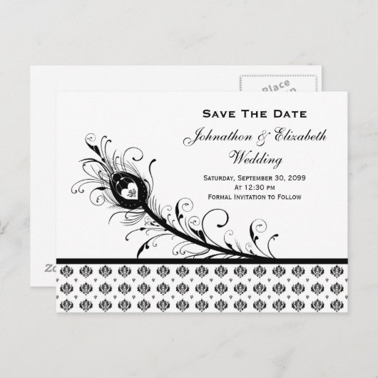 黒と白のダマスクの結婚式の日付を保存 案内ポストカード (正面/裏面)