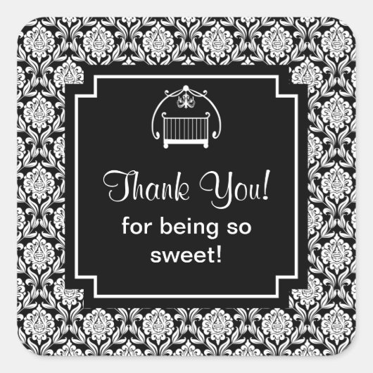 黒と白のダマスククリブベビーシャワースクエア スクエアシール (正面)