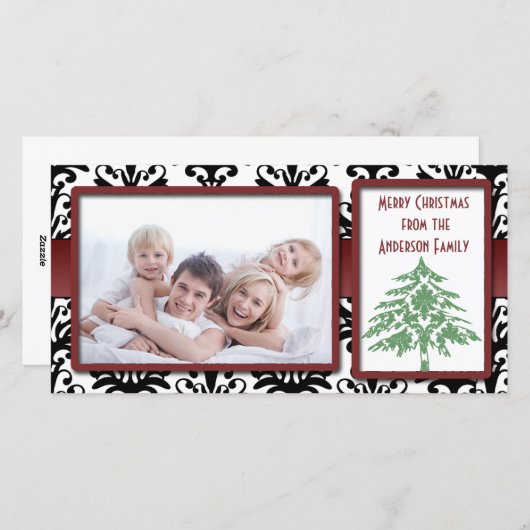 黒と白のダマスクグリーンダマスクツリーの写真カード シーズンカード (正面/裏面)