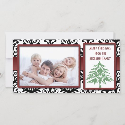 黒と白のダマスクグリーンダマスクツリーの写真カード シーズンカード (正面)