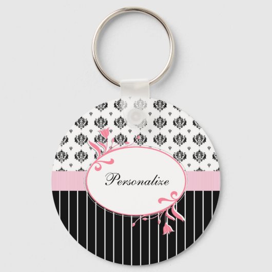 黒と白のダマスクシックなピンクのフローラと名前 キーホルダー (正面)