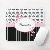 黒と白のダマスクシックなピンクのフローラと名前 マウスパッド (マウス)