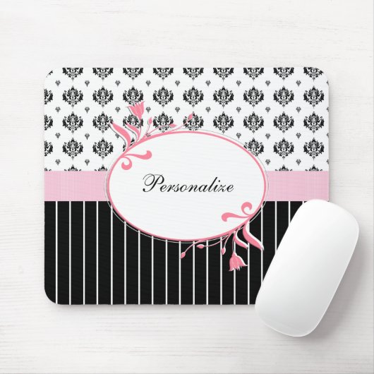 黒と白のダマスクシックなピンクのフローラと名前 マウスパッド (マウス)
