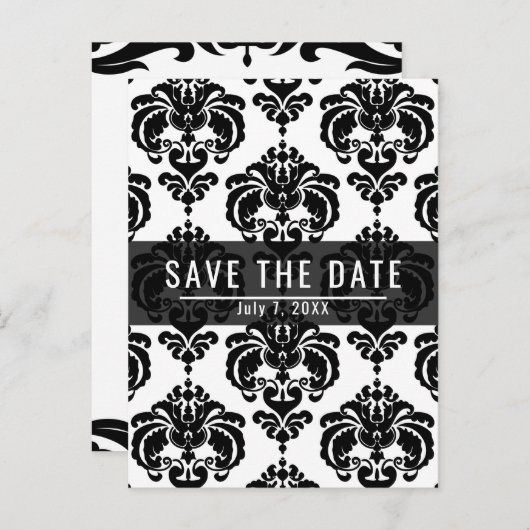 黒と白のダマスクシックな結婚式の日付を保存 案内ポストカード (正面/裏面)
