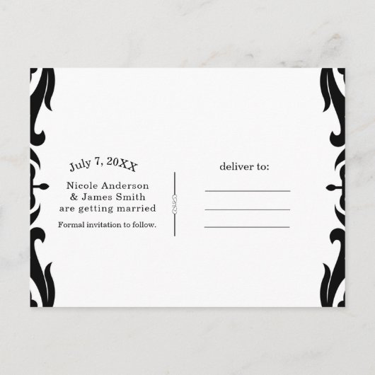黒と白のダマスクシックな結婚式の日付を保存 案内ポストカード (裏面)