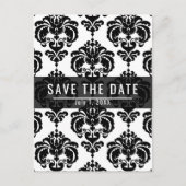 黒と白のダマスクシックな結婚式の日付を保存 案内ポストカード (正面)