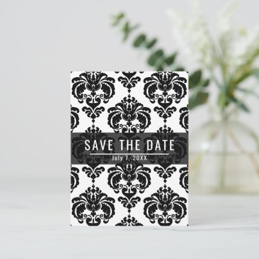 黒と白のダマスクシックな結婚式の日付を保存 案内ポストカード (スタンド正面)