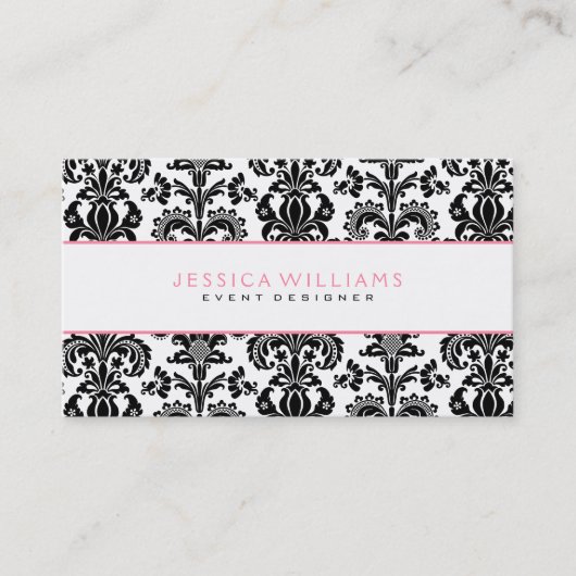 黒と白のダマスクピンクのアクセント 名刺 (正面)