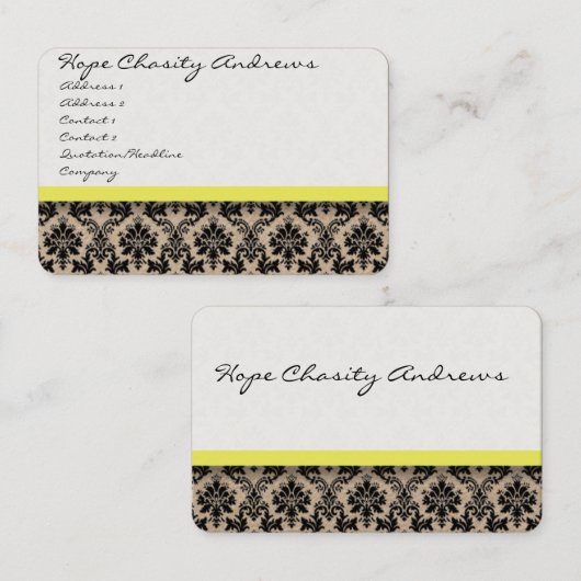 黒と白のダマスクフローラと黄色のリボン 名刺 (正面/裏面)