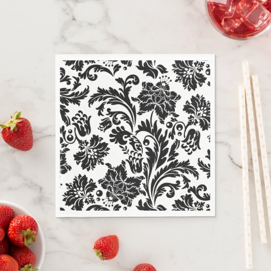 黒と白のダマスクプリント紙ナプキン スタンダードランチョンナプキン (インサイチュ)